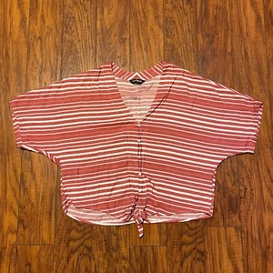 Express Womens T Shirt Size S Red Striped Tie Up Button V Neck Boho Lightweight - Bild 1 von 9