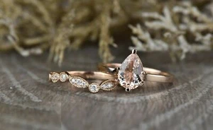 1.90Ct Pear Cut Peach Morganite Engagement Ring 14k Rose Gold Finish Bridal Set - Picture 1 of 11