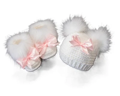Double pom pom Crochet hat, Faux Fur booties, Baby girl shoes and hat - Image 1 of 4