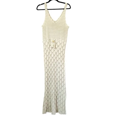 Freshman 1996 Crochet Knit Dress Women M Beige Maxi Bodycon Sheer Boho Beach - Image 1 of 4