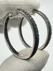 Large Natural Black Diamond 10k White Gold Hoops - Picture 1 of 6