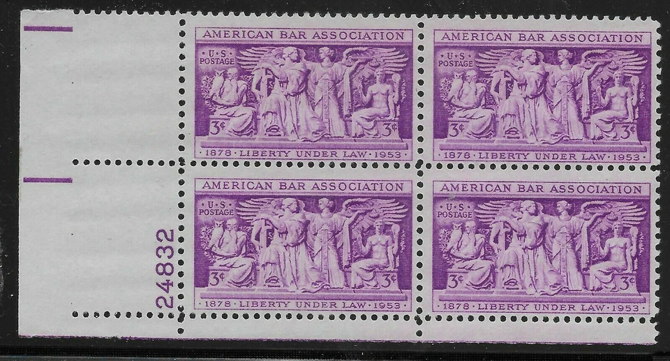 US Scott #1022, Plate Block of Four 1953 American Bar 3c FVF MNH OG - Image 1 of 1