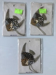 3 VINTAGE Fish Sequin Patches Appliqués New Old Stock Sparkle Gold Black Silver - Picture 1 of 12