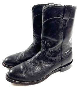 Larry Mahan Smooth Ostrich Boots Mens 8.5 D Exotic Handmade Black Cowboy Roper - Picture 1 of 14
