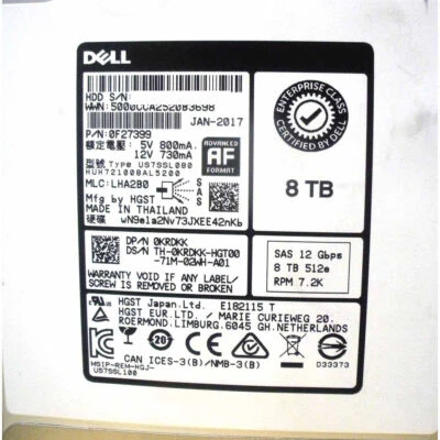 KRDKK 0KRDKK DELL ENTERPRISE 8TB 7.2K RPM 12Gbps 512e 3.5" SAS HDD Hard Drive - Image 1 of 3