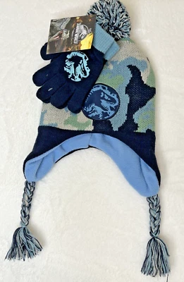 Juego de 2 sombreros y guantes Jurassic World negro azul camuflaje niño pequeño nuevo con etiquetas, polar Foto 1 de 4