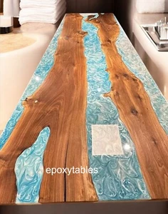 Blue River Solid Resin Table , Dining Epoxy Live Edge Table, Handmade Furniture - Picture 1 of 9