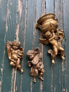 Homco Golden Cherubs 2 and Cherub Angel Wall Pocket Planter Lot Vintage - Picture 1 of 6