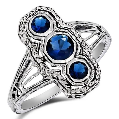 Anillo eduardiano de plata de ley 925 con zafiro azul tratado de 1 quilate talla 9 ZF-3 Foto 1 de 4