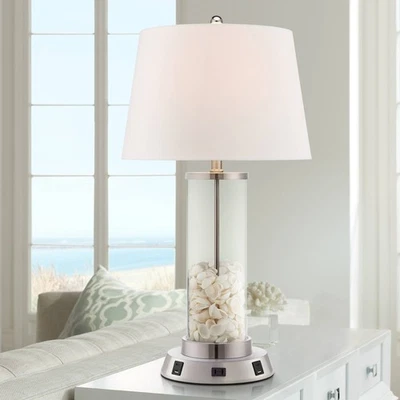 Modern Table Lamp USB Outlet Workstation Base Fillable Clear Glass Living Room - Image 1 of 4