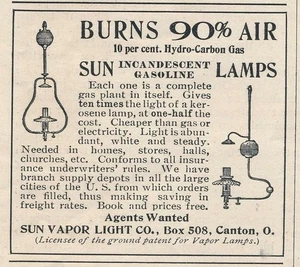 Anuncio de revista - 1902 - Sun Vapor Light Co., Canton, OH - Lámparas solares - Imagen 1 de 1
