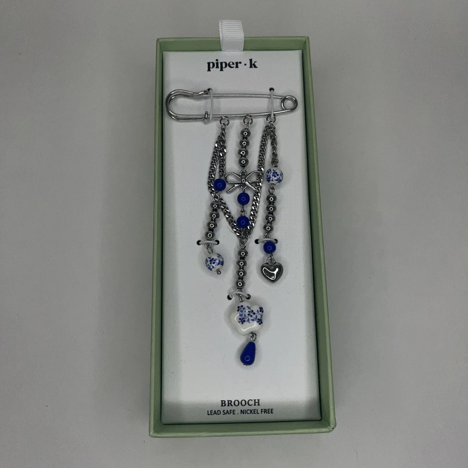 PIPER K 银色安全胸针胸针蓝色白色花卉设计串珠细节 — 第 1/4 张图片