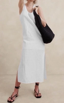 Vestido midi Banana Republic blanco a rayas mezcla de lino talla Lg Foto 1 de 4