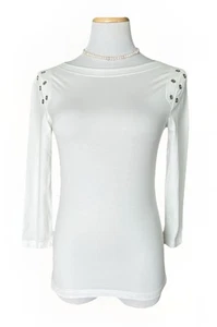 Camiseta Escada para mujer manga 3/4 blanca elástica remaches plateados Austria 34 XS S - Imagen 1 de 12