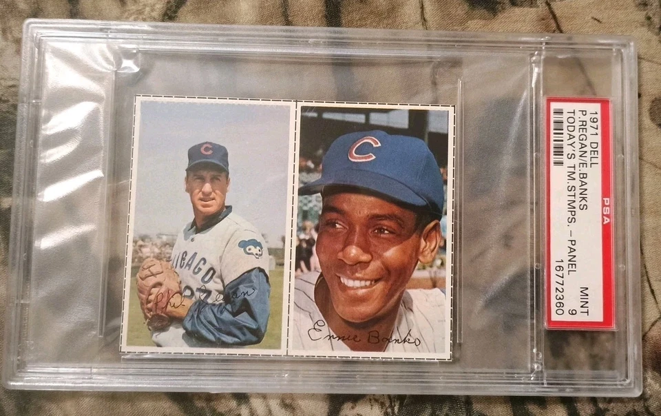 Ernie Banks/Regan 1971 Dell Today's Stamps 2 Card Panel 🔥PSA 9 Mint🔥Rare Pop 2 - Image 1 of 4