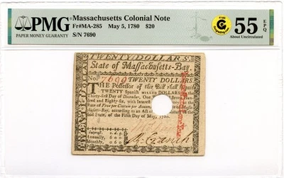 Massachusetts Colonial Note Fr#MA-285 May 20, 1780 $20 PMG AU-55 EPQ GCC Gold - Image 1 of 3