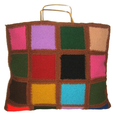 VTG 60s Hand-Knit Multicolor Stained Glass Squares Large Purse Tote Spain - Image 1 of 4