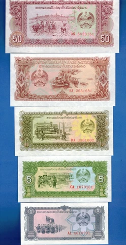 Laos 1 5 10 20 50 Kip ND 1979 World Paper Money Uncirculated Banknotes Set # 1 Cover