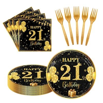 Platos y servilletas de papel para fiesta de cumpleaños 21 de 7 pulgadas tenedores 60 piezas negro dorado B... Foto 1 de 4