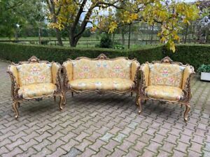 French Louis XVI Yellow/Gold Sofa With 2 Chairs-3 Pieces