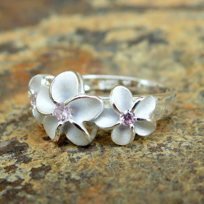 Hawaiian Silver Three Plumeria Flowers Pink CZ Wedding Ring Band 10mm SR2072 - Image 1 of 4