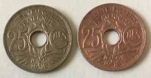 1918 FRENCH 25 CMES LIBERTE EGALITE FRATERNITE EMLINDAUER 1-NICKLE, 1-COPPER - Picture 1 of 4