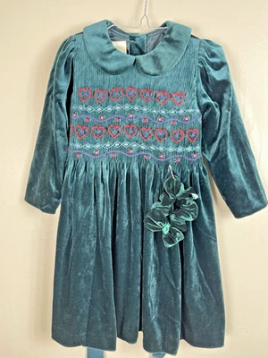 VTG Laura Ashley Girls 2 Years Green Velvet Christmas Holiday Smocked Dress - Image 1 of 4