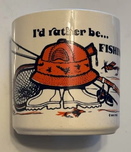 VINTAGE I'd Rather Be Fishing! Coffee/Tea Mug 1978 Fy Fishing Lures White Cup - Picture 1 of 11
