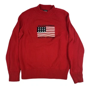 Vintage Polo Ralph Lauren Sweater Jeans Company Women Medium Red USA Flag Knit - Picture 1 of 11