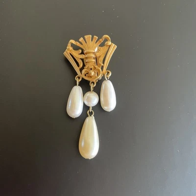 Vintage AVON Gold-tone Crest Victorian Revival Faux Pearl Drop Dangle Earring 1 - Image 1 of 4