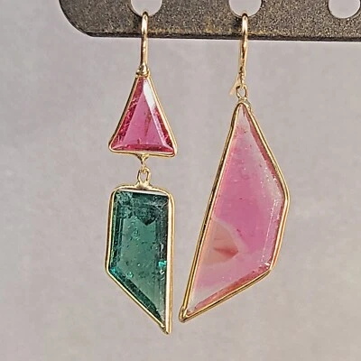 Hermoso Pendiente Colgante Rebanada Turmalina Rosa y Verde Oro Amarillo 14K 1.4" Foto 1 de 4