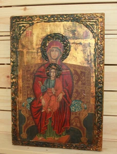 Icono religioso vintage pintado a mano Jesucristo niño Virgen María - Imagen 1 de 6