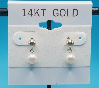 New Genuine 7mm Round White Pearl Drop Earring W 14K Ball Tops & Butterfly Backs - Image 1 of 4