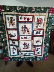 Edredón de franela hecho a mano Winter Wonderland muñeco de nieve familia 45"x51" núcleo de cabaña - Imagen 1 de 7