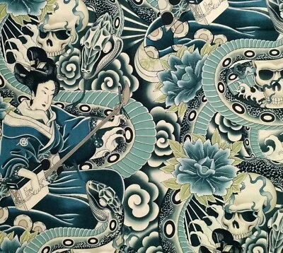 Zen Charmer Japan Geisha Skull Snake Shamisen Alexander Henry Cotton Fabric Teal - Image 1 of 2