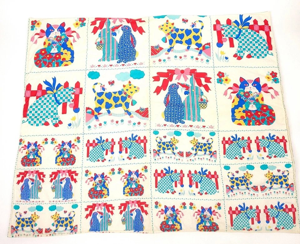 Manta Cuna Vintage Hecha a Mano Gato Vaca Conejo Algodón Multicolor Foto 1 de 4