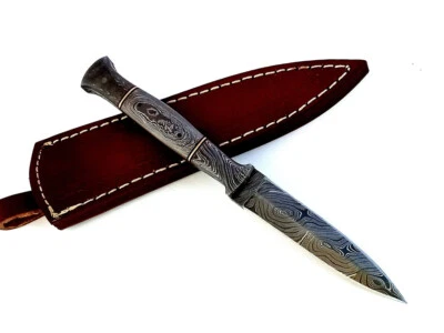 Damascus Double edged Dagger Fixed Blade Boot Knife Outdoor Hunting Throwing - Image 1 of 4