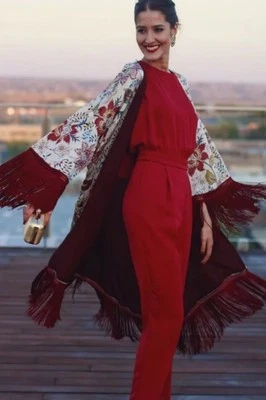 Zara Multicoloured burgundy oriental Print Kimono With tassels Size S-M BNWT - Image 1 of 4