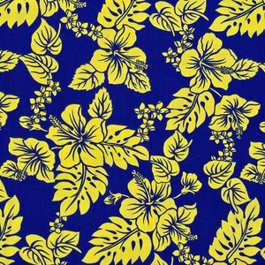 Tropical Fabric Blue Yellow Hawaiian Flowers 4 Yards 148" x 56" Hibiscus Sewing - Picture 1 of 6