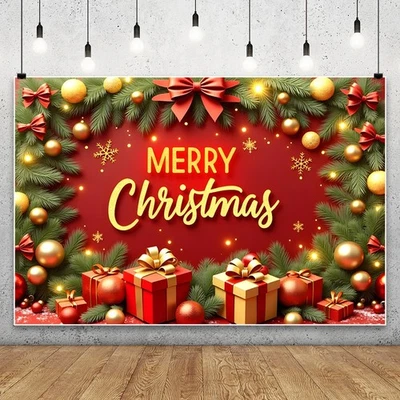 Christmas Tree Red Green Photography Background Happy New Year Xmas Backdrop - Image 1 of 4