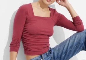 Damen Wild Fable Langarm Rüschen T-Shirt Rose Rot XXS Neu mit Etikett - Bild 1 von 7