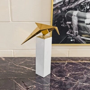 Gold Long Tail Tit On A Marble Plinth Home Decor Statement Sculpture Origami - Picture 1 of 5