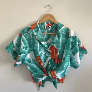 Vintage Hilo Hattie’s Hawaiian Tropical Crop Top MEDIUM Green Orange Pink - Picture 1 of 8