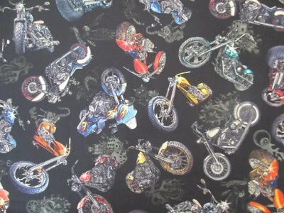 MOTORCYCLE CHOPPER BIKER HARLEY BLACK DIGITAL COTTON FABRIC FQ - Image 1 of 4
