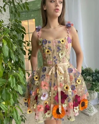 Colorful 3D Flower Short Homecoming Dress with Straps – A-Line Tulle Party Dress - Image 1 of 4