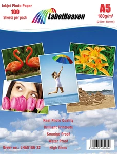 Papier Photo A5 148x210mm LabelHeaven 180g - 100 Feuilles Premium Haute Brillanc