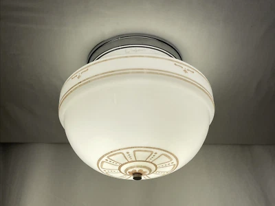 Antique Vtg Arts & Crafts Deco Milk Glass Schoolhouse Semi Flush Ceiling Light - Image 1 of 4