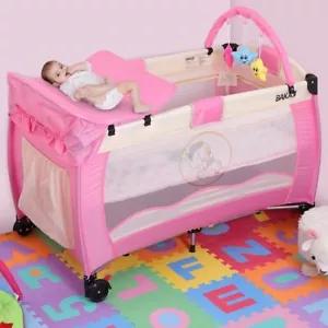 Lettino Culla Box Gioco + Fasciatoio e Giochi Bambini Campeggio Pieghevole Rosa - Foto 1 di 5