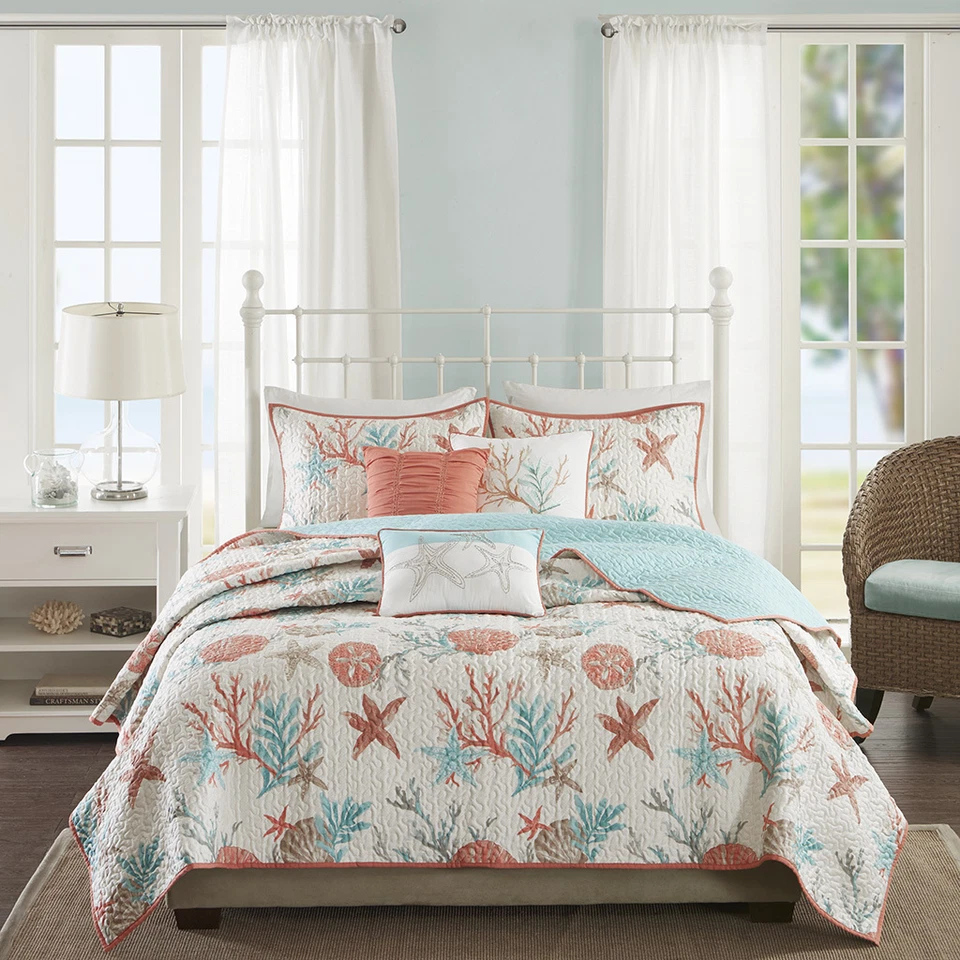 QUALITY BEAUTIFUL BEACH COAST STARFISH AQUA BLUE TEAL CORAL WHITE SHELL OCEAN QUILT SET