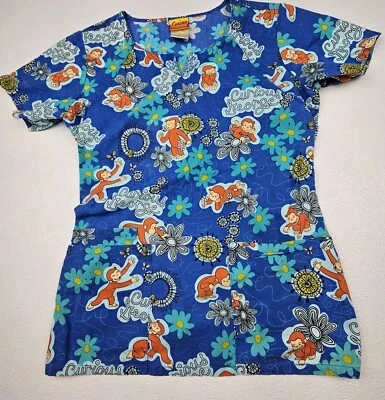Curious George Women's XS Blue Flower Scrub Top V-Neck Pit To Pit 17in Pockets - Image 1 of 4